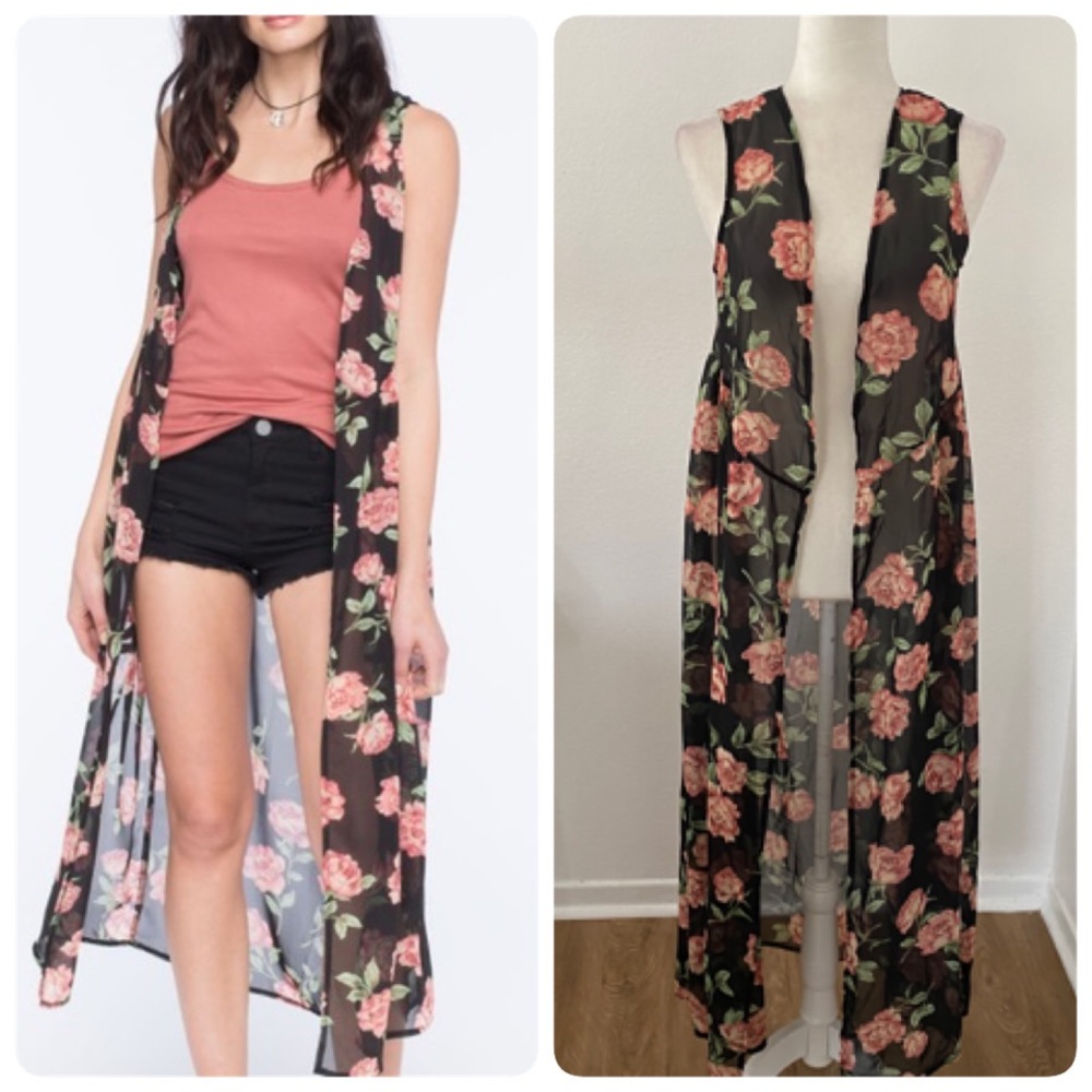 Tilly’s Full Tilt Black Floral Print Vest Duster✨